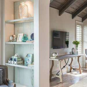 Flatscreen TV Over Wisteria Rustic Trestle Console Table