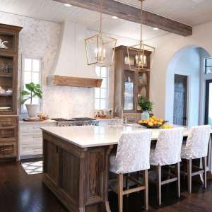 Brown Wooden Island with Brass Sconces
