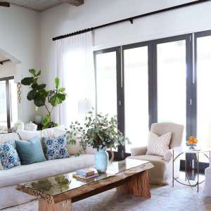Linen Slipcovered Sofa with Burnt Pine Coffee Table