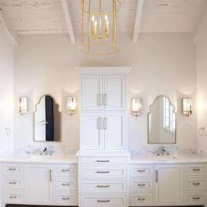 White Master Bath with Whitewashed Plank Ceiling and Gold Lantern