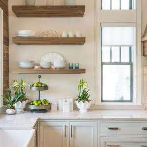 Stained Oak Floating Kitchen Shelves